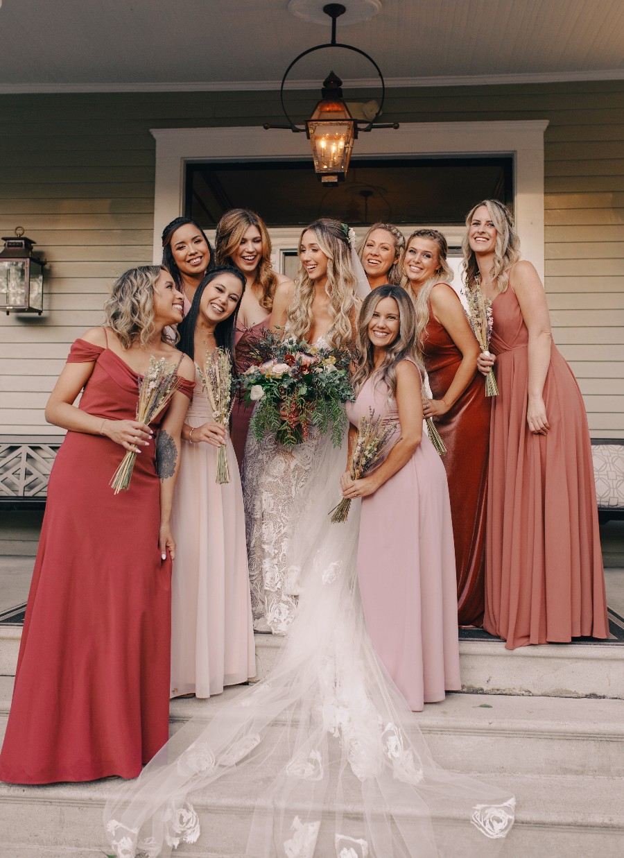 Coral. blush, pink, mix match boho bridesmaids dresses